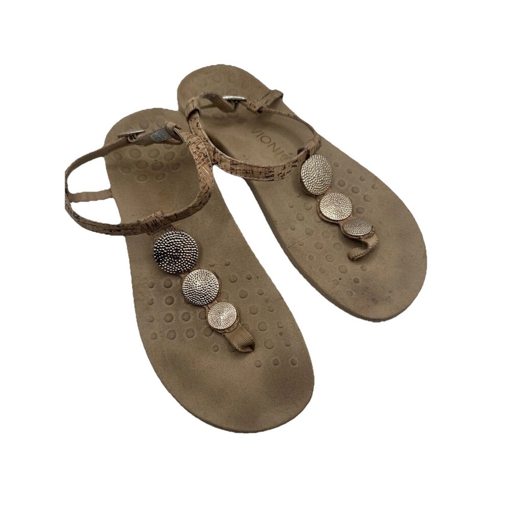 Vionic Lizbeth T-strap Orthotic Sandal Women's Sz 8 Gold Cork Medallion Coins